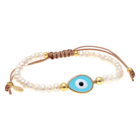 Bracelet silver 925 gold plated, with enamel evil eye and cord - Wish Luck