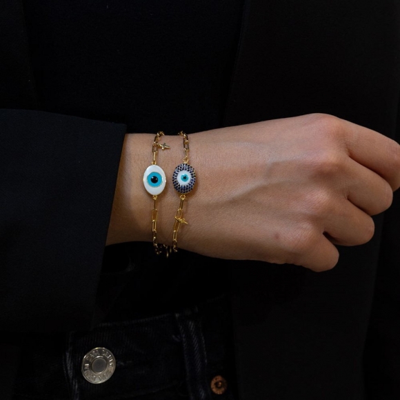 Bracelet silver 925 yellow gold plated with enamel evil eye - Wish Luck