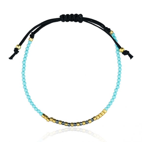 Bracelet silver 925 yellow gold plated with turquoise,hematite and cord - Simply Me